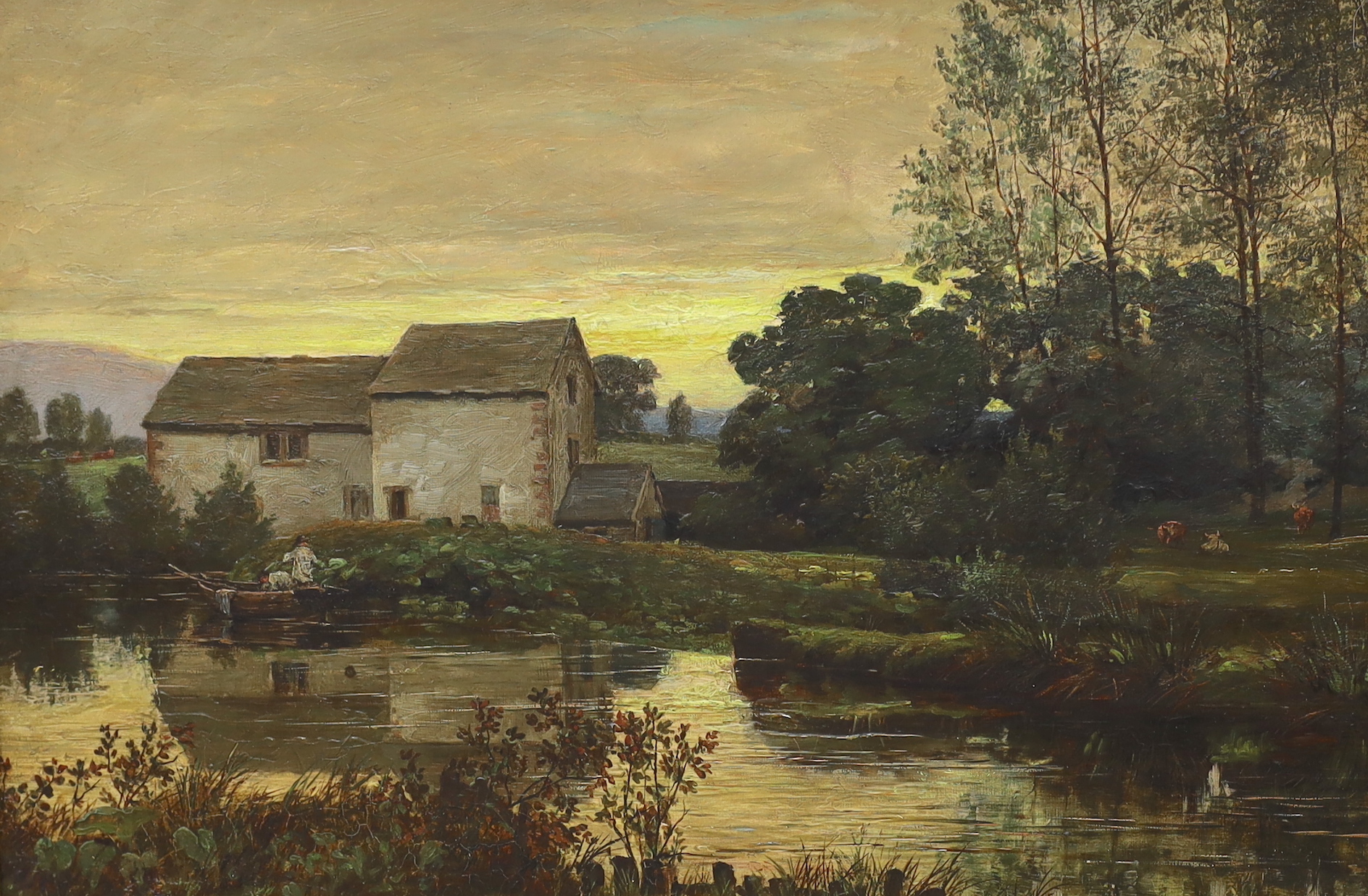 Attributed to Arthur Royce Bradbury (1892–1977), oil on canvas, River landscape with watermill, 32 x 47cm